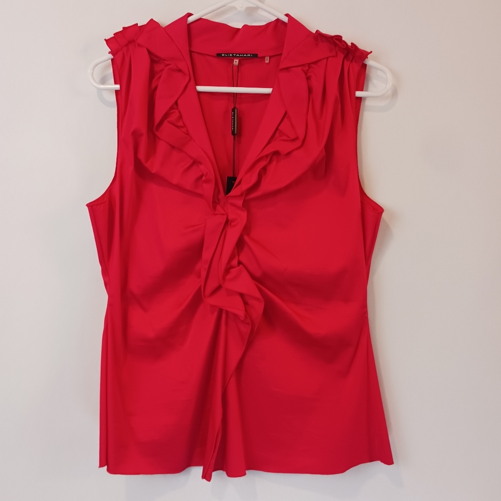Elie Tahari Women's Remi Sleeveless Blouse Red NWT Medium Ruffled